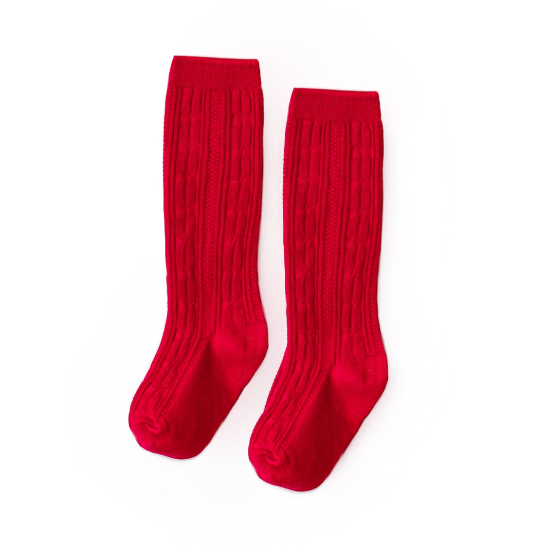 Bright Red Cable Knit Knee High Socks